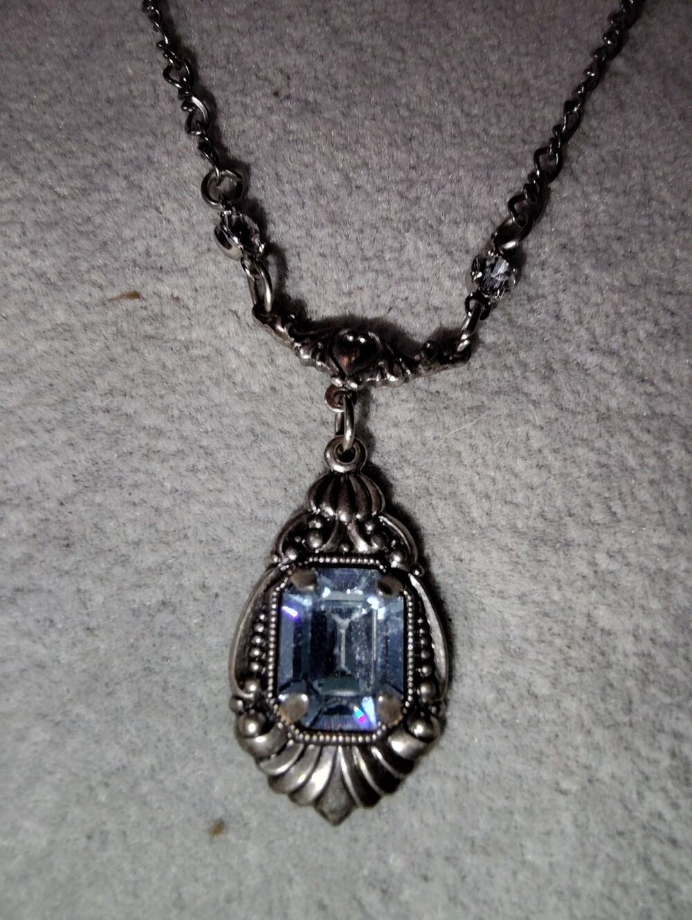 Sadie Green Circa 80s Silver Plate Nouveau Style Necklace Blue Austrian Crystal